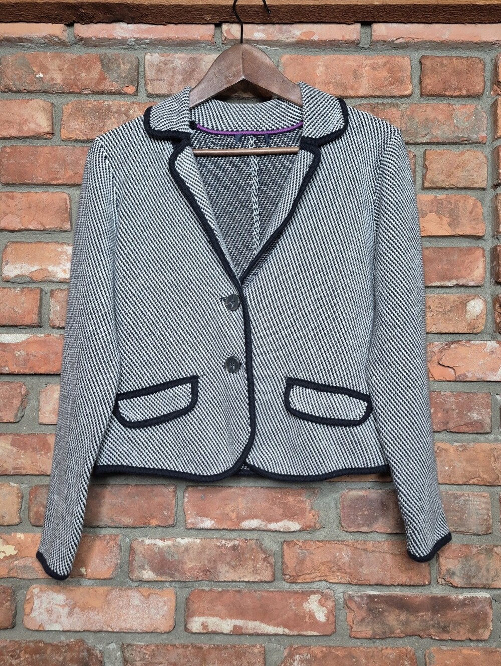 Tommy Hilfiger Textured Knit Blazer Contrast Trim Cropped Tailored Jacket Preppy